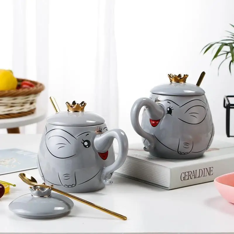 

Cartoon Cute Appearance Ceramic Elephant Water Cup Home Office Mug with Crown Cap Spoon Cup with Hand Gift