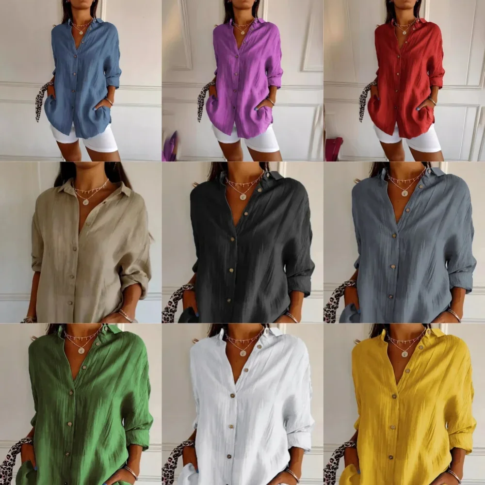 Elegant Cotton Linen Shirts Women Casual Solid Button Lapel Blouses Shirts Autumn Winter Long Sleeve Loose Tops Tunic Blusas