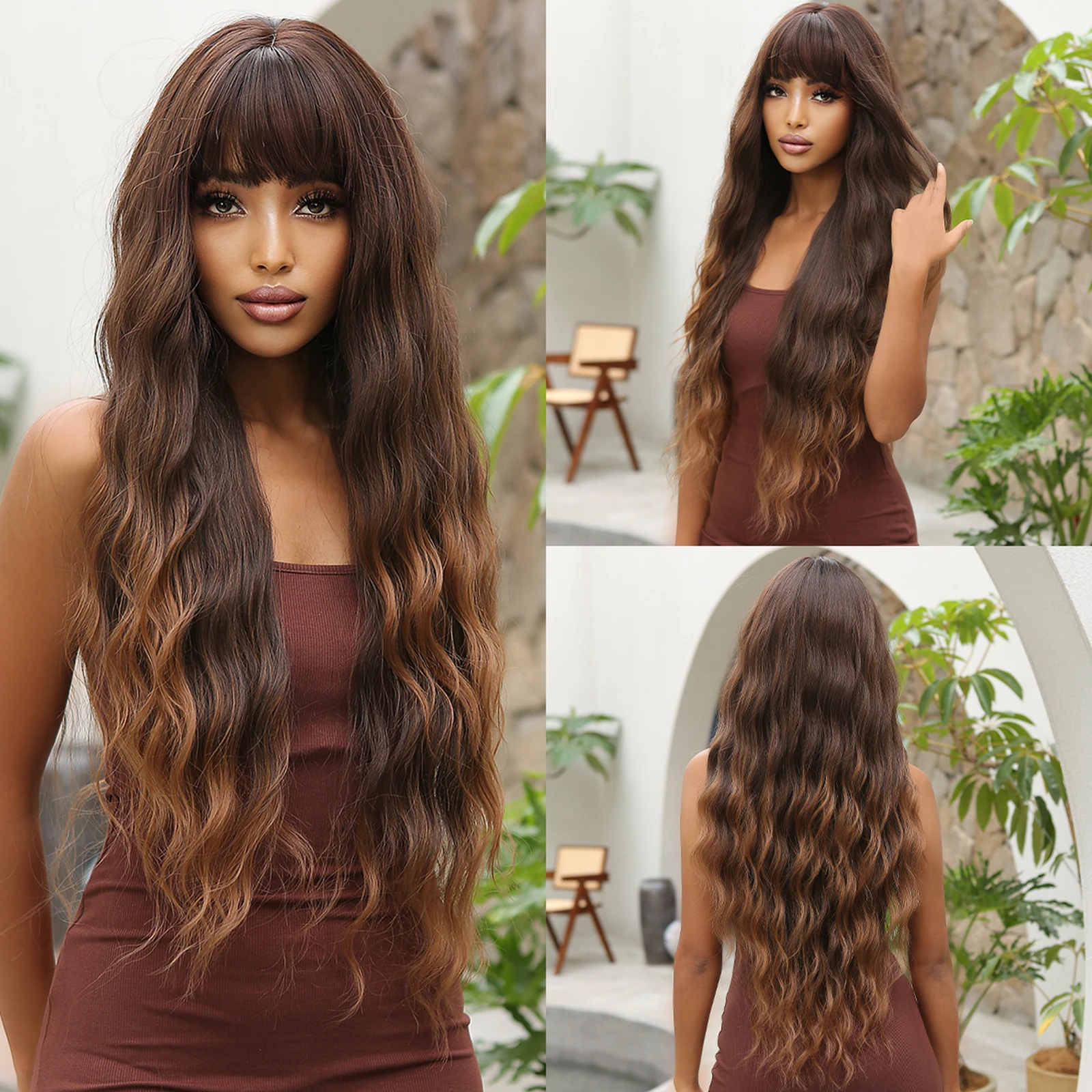 

Long Curly Wigs Brown Loose Wavy Synthetic Wig With Bangs Chocolate Brown for Women Afro Wig Daily Party Use Heat Resistant Wigs