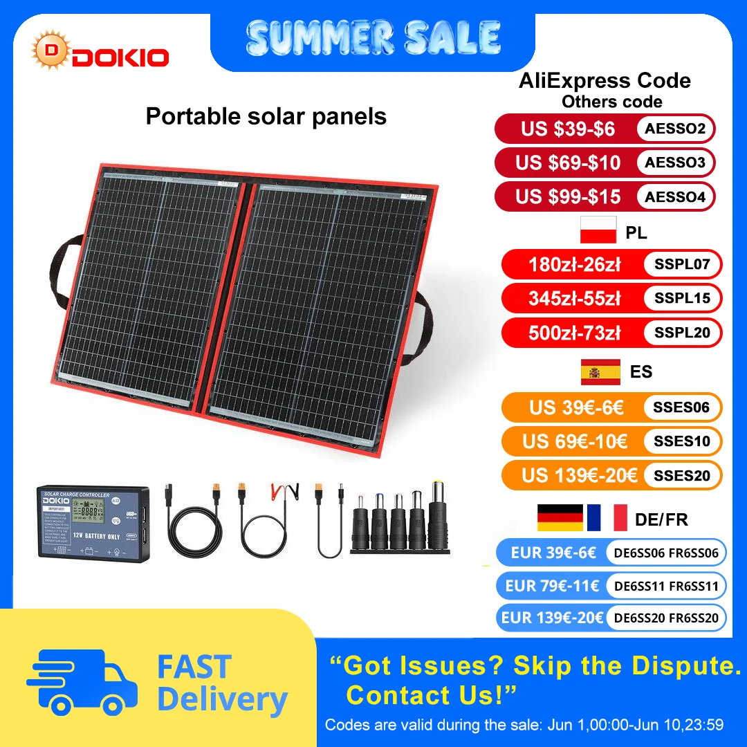 Dokio-Panneau solaire portable et pliable, 18V, 100/160/200/300 W, avec contrôleur 12V pour charger la batterie, adapté au camping