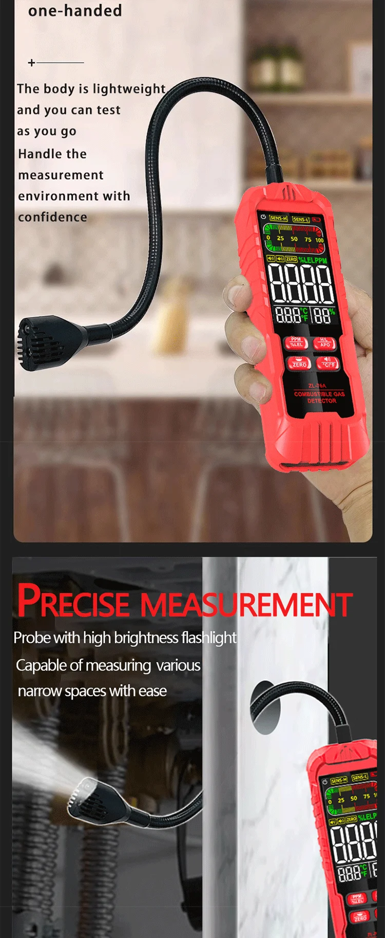 Detektor für brennbare Gase, tragbares Lademodell, Erdgas, Kohlegas, Leckagealarm, Lufttemperatur- und Luftfeuchtigkeitstest, 1 Set – Detail 4