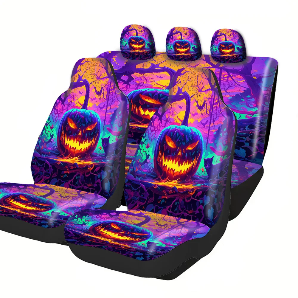 Halloween Neon Glow-in-the-Dark Car Seat Covers With Jack-o'-Lantern & Black Cat Print - Fit For Cars & SUVs, Neon Green/Purple/