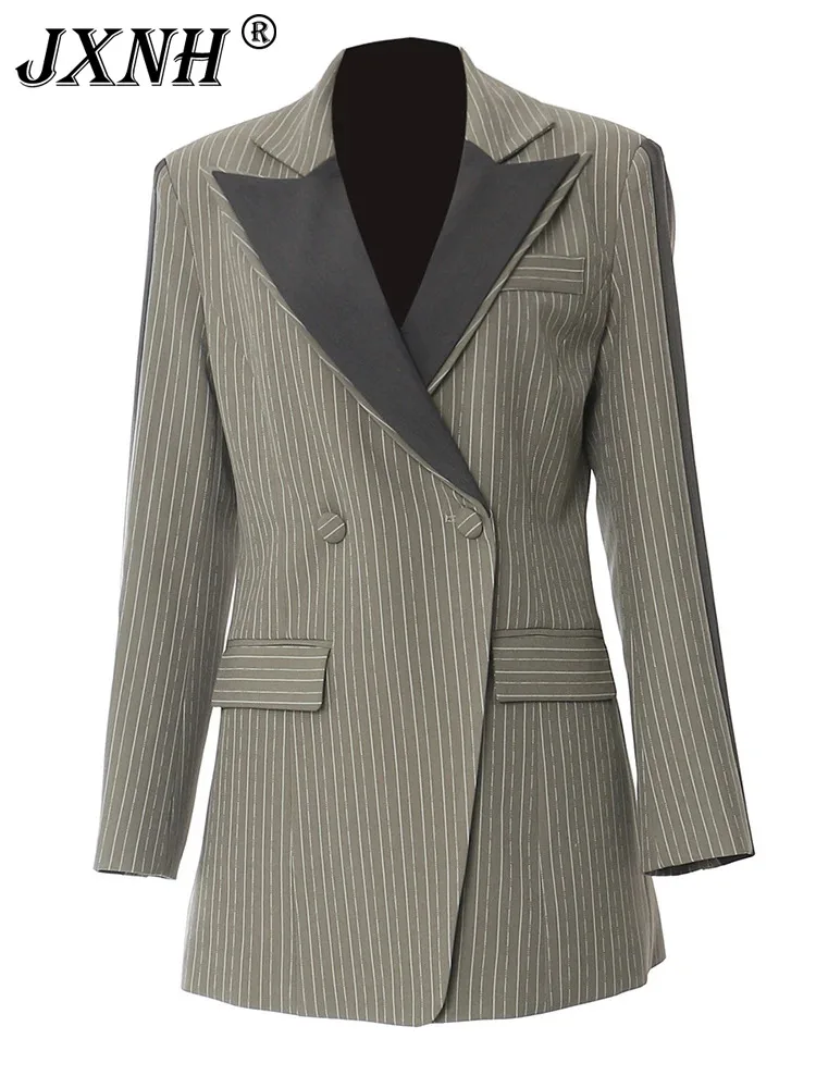 

Women Green Striped Color-block Elegant Blazer New Lapel Long Sleeve Jacket Fashion Tide Spring Autumn 2024