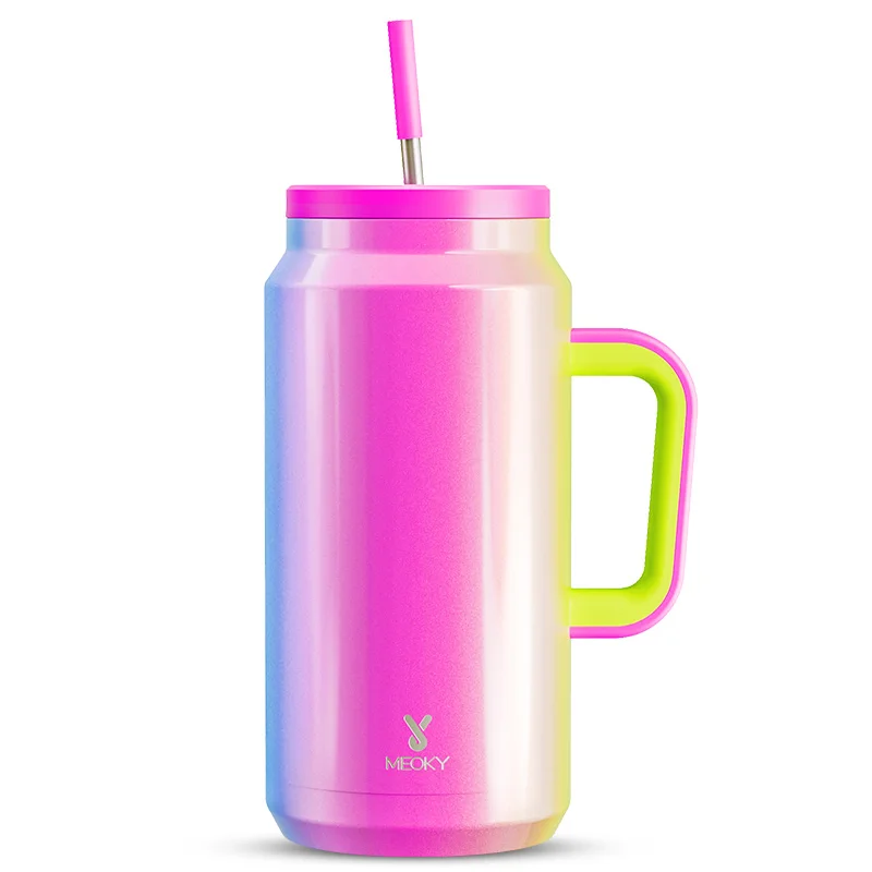 Meoky 64oz Handle Tumbler Stainless Steel Insulated Vacuum Rainbow Keep Hot Thermal Coffee Cup Travel Car Mugs Easy to carry