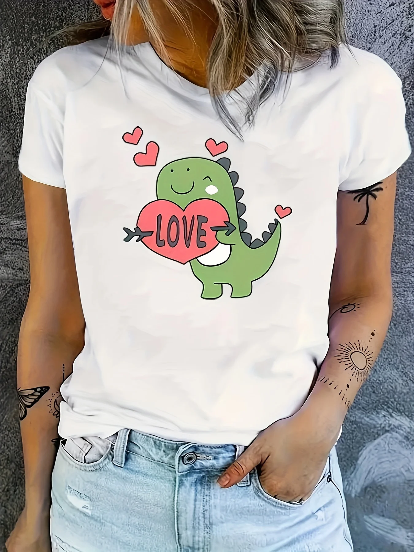 

Cartoon Dinosaur Print T-shirt, Casual Crew Neck Short Sleeve Top For Spring & Summer, Women's Clothing