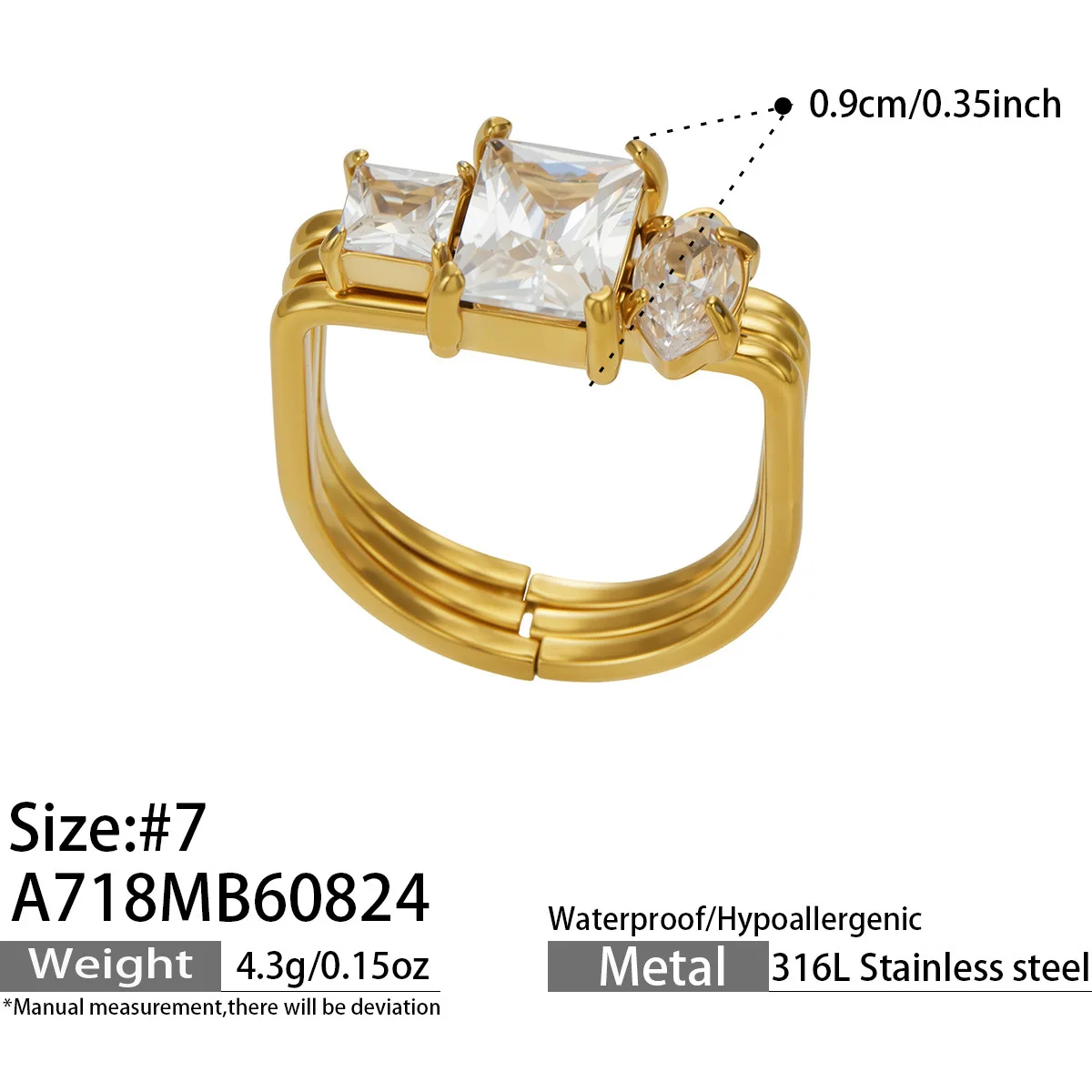 3-teiliges Edelstahlring-Set, 3-in-1 Stapelringe, 18K vergoldete Ringe, bunte Zirkon-Dreifachringe für Damen – Detail 6