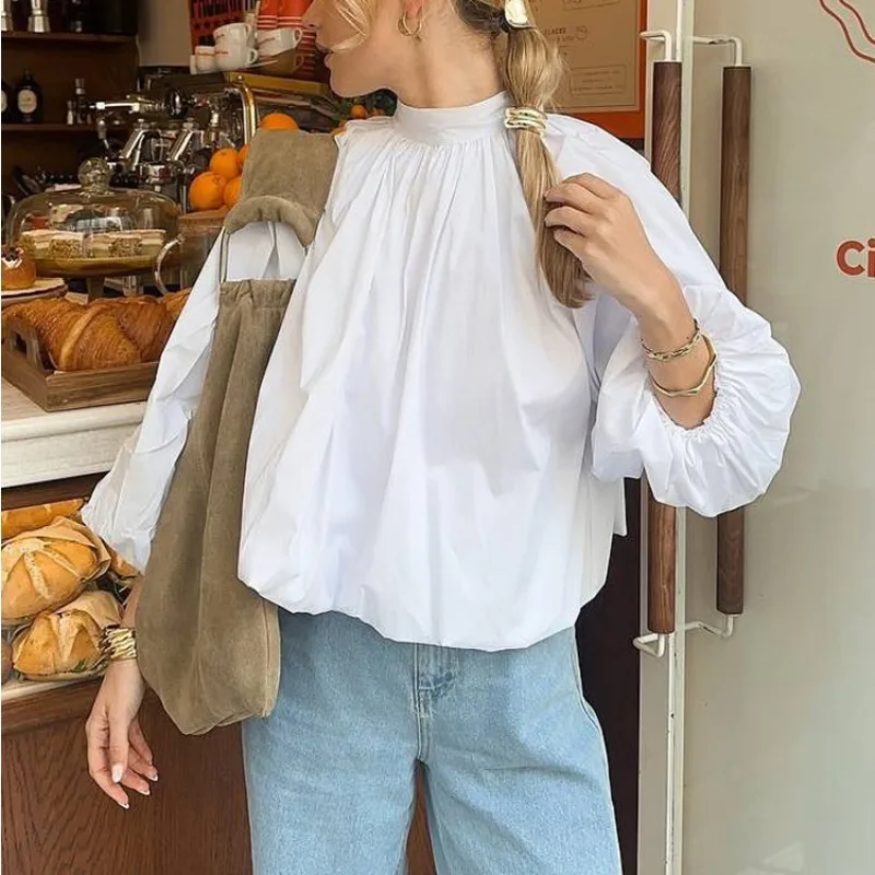 

French Style White Puff Sleeve Blouse for Women High Neck Loose Ruffle Shirt Casual Elegant Office Tops Spring Summer