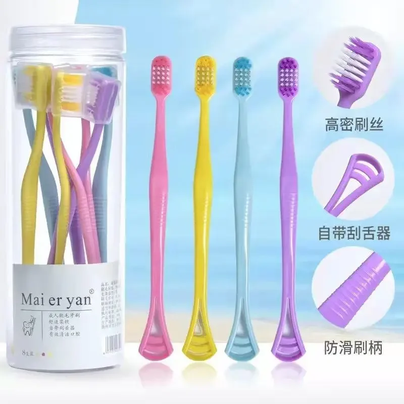 8pcs Adult Soft Bristle Toothbrush Clean Toothbrush with Tongue Coating Scraping Function with Protective Cover Oral Hygiene