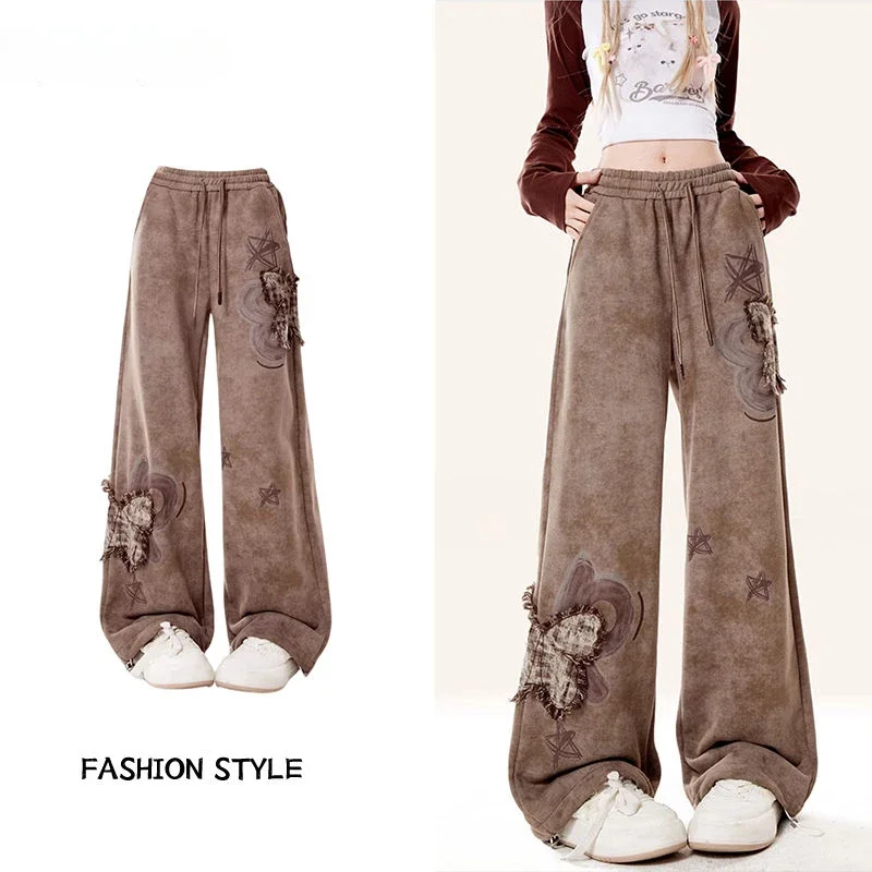 Butterfly Fringed Embroidered Patch Sweatpants Women Autumn Winter Design High Waisted Straight Leg Slimming Loose Casual Pants