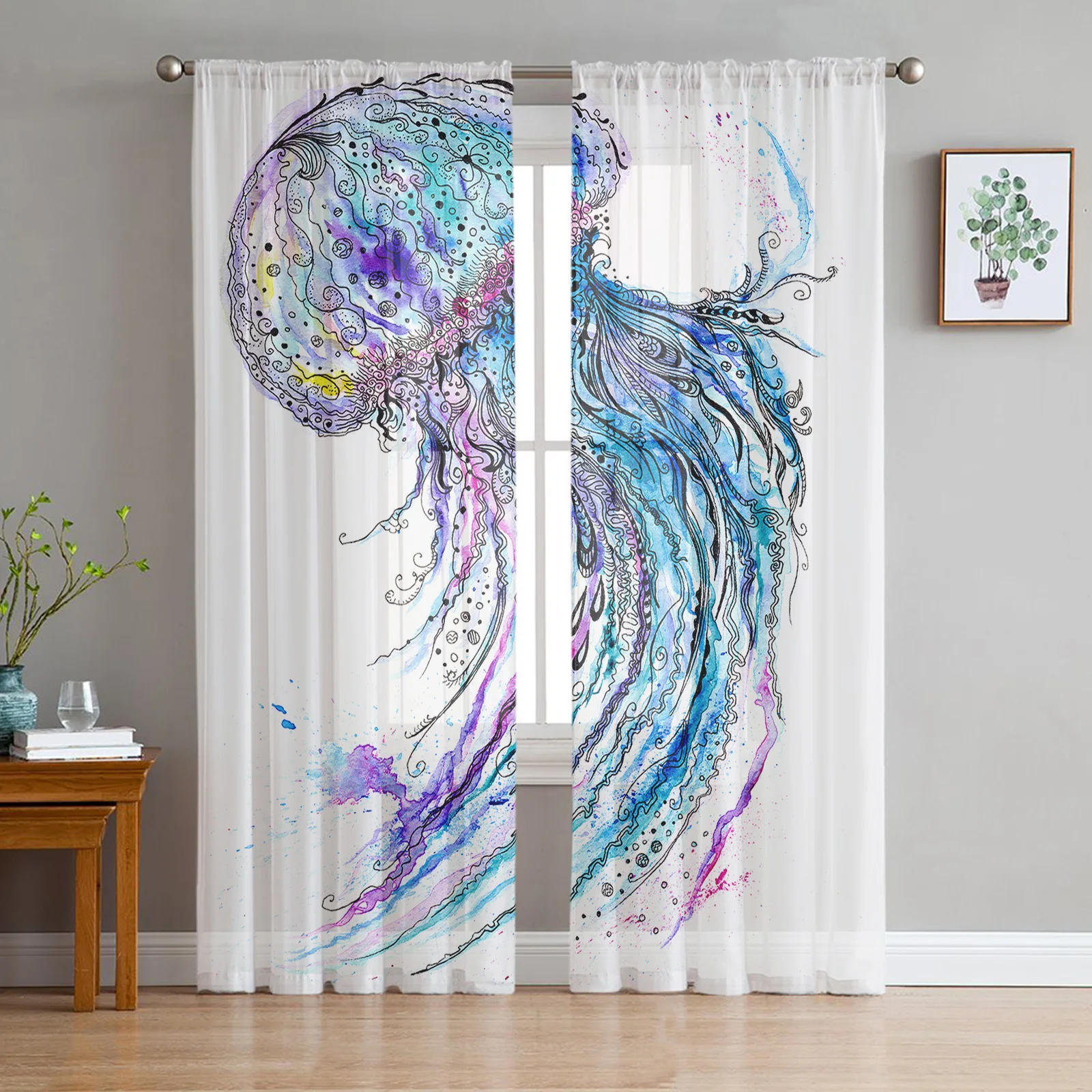 Animals Blue Cartoon Jellyfish Sheer Curtains for Living Room Decoration Window Curtains Kitchen Tulle Voile Organza Curtains