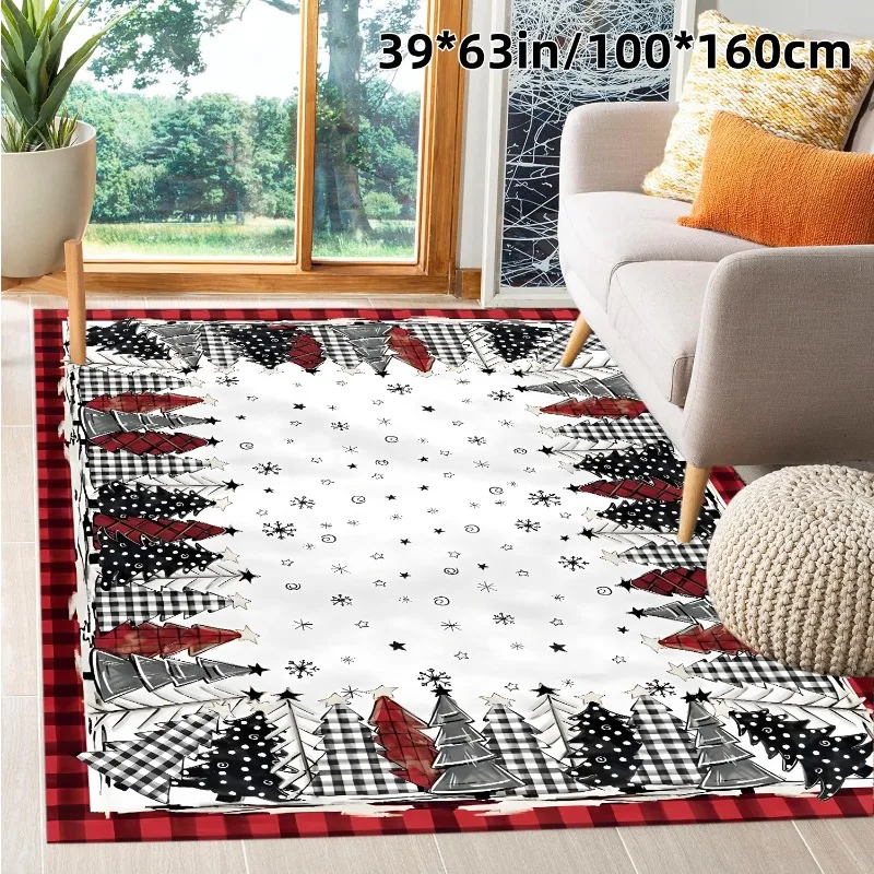 1pc Golden Star Christmas Decor Rug, Creative Black & White Plaid Christmas Tree Pattern