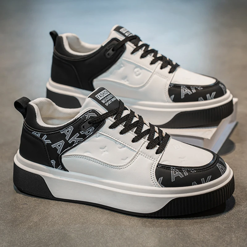 

Fashion Leather Men's Sneakers Lace Up Vulcanized Shoes Classic Casual Shoes Thick Bottom Sport Shoes Anti-slip Walking Shoes