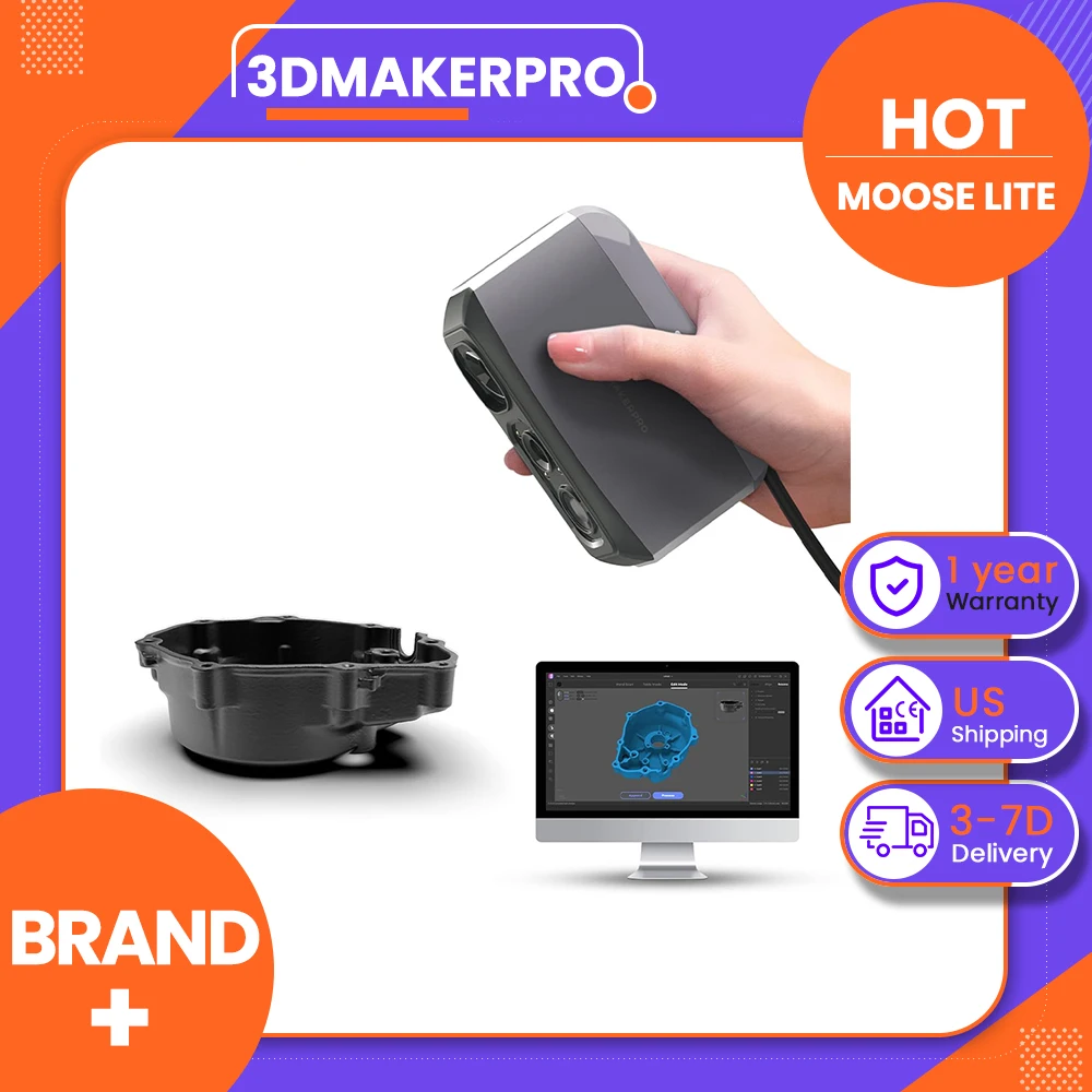 3DMakerpro Moose Lite 3D Scanner, NIR Light Source, 0.05mm Accuracy, 0.10mm Resolution, 24-bit Color Camera, 10fps Frame Rate, Anti-Shake Lenses, Compatible with Windows/MacOS - Luxury Version