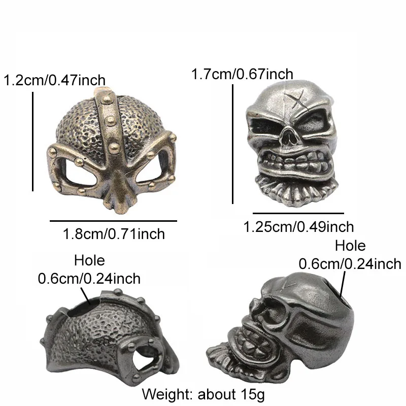 2pcs/set Warrior Skull Brass Knife Bead EDC DIY Paracord Woven Bracelet Lanyard Pendant Accessories Outdoor Tool Hangings Charms