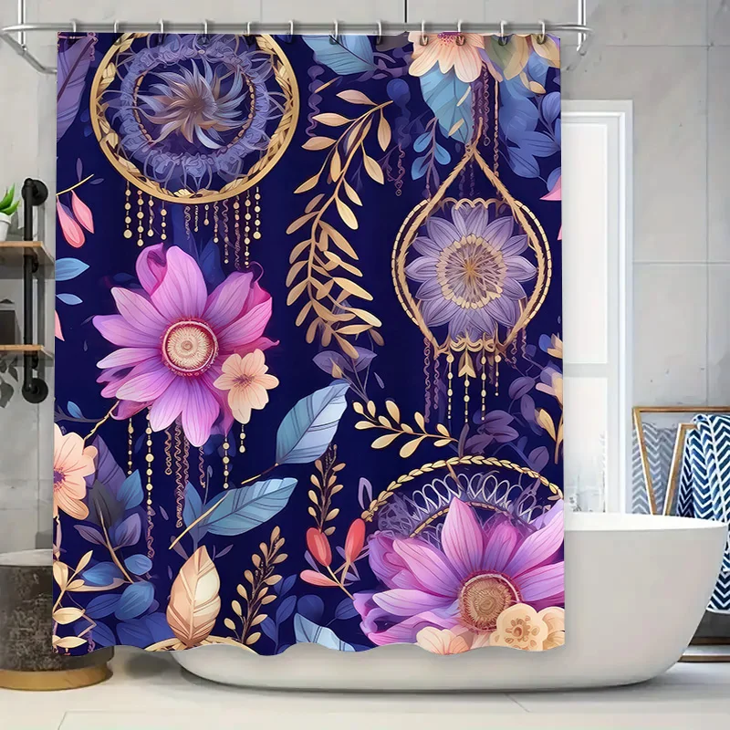 

Яркая богемная синяя занавеска для душа: декоративный коврик для ванной с цветочным принтом, фиолетовый, розовый, желтый, золотой, ловцы снов, листья 180X240 см B