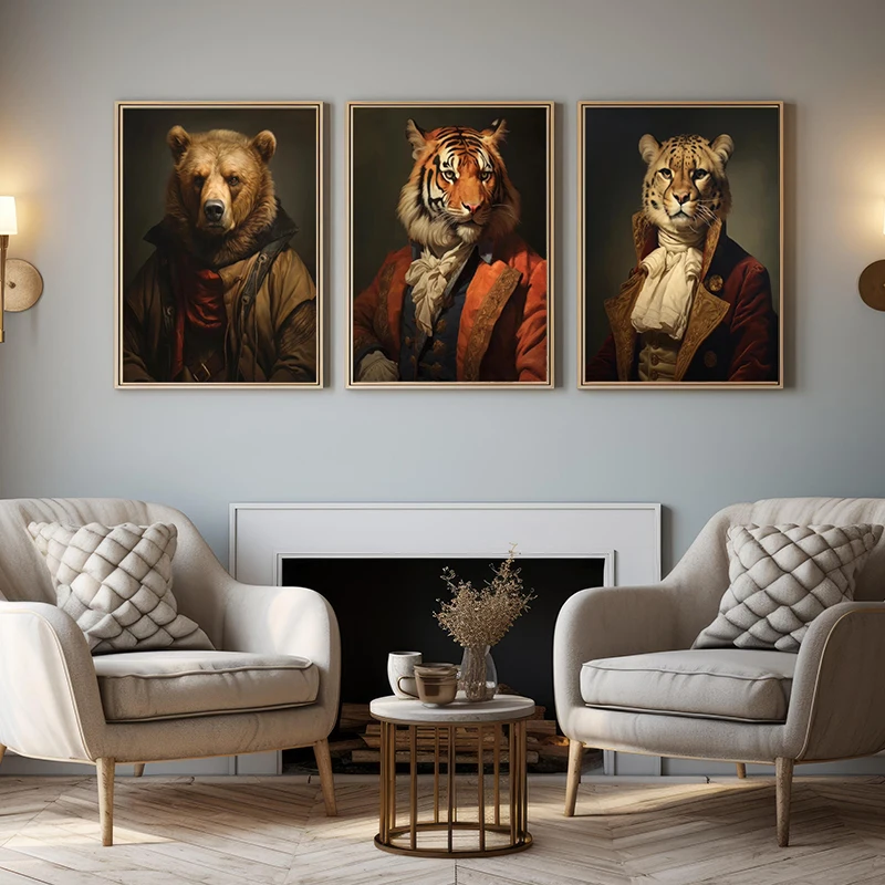 Victorian Vintage Animal Grey Wolf Brown Bear Tiger Cheetah Portrait Poster Canvas Paintings Wall Art Pictures Hotel Home Decor