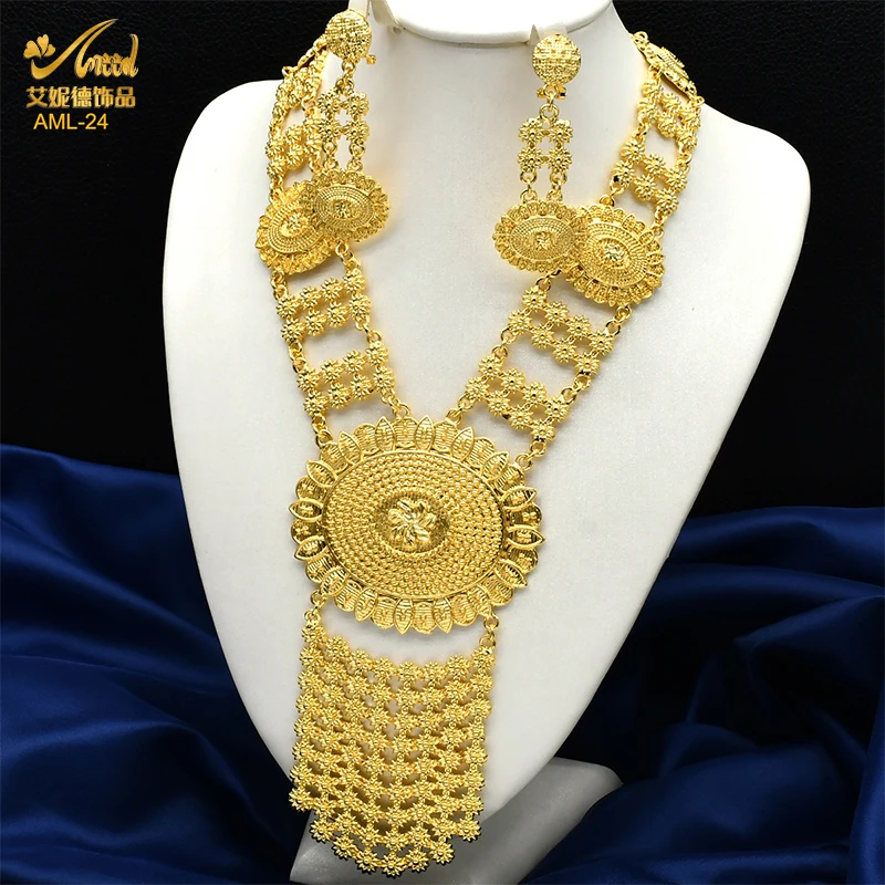 ANIID Indian Fashion 24k Gold Color Charm Naszyjnik i kolczyki Zestaw afrykańskiej biżuterii ślubnej Zestawy ślubne dla Dubaju Prezenty imprezowe