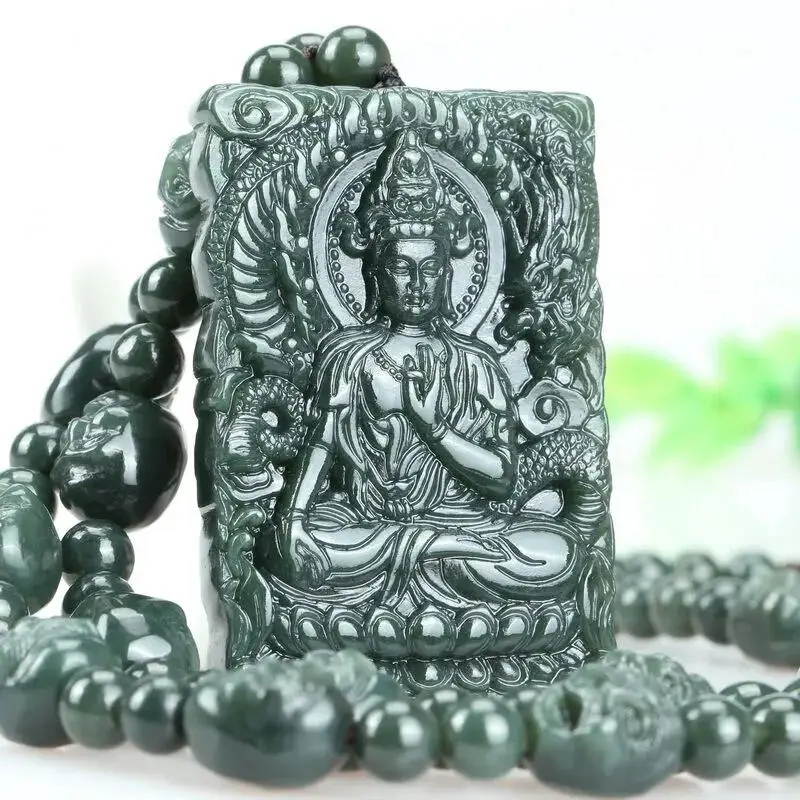 

Natural Hetian Cyan Jade Carving Guanyin Auspicious Dragon Pendant Jadeite Charm Necklace Exquisite Jewelry Men Women with Chain