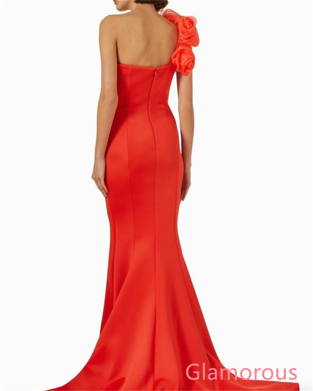 Aangepaste moderne oranje jersey avondjurk één schouder mouwloos op maat gemaakte gelegenheidsjurken bloemen hoge kwaliteit rits terug