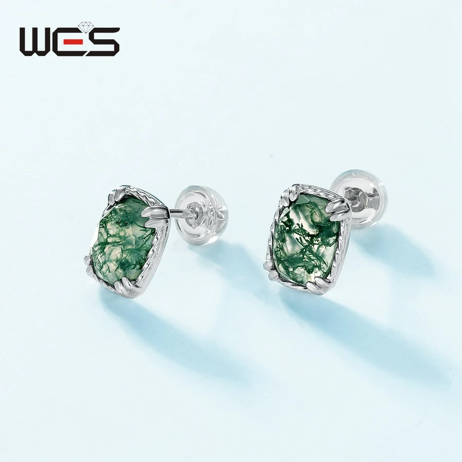 Wes 925 Sterling Zilveren Oorknopjes Voor Vrouw Natuurlijke Mosagaat 5*7Mm Gecertificeerde Sieraden Mode Feest Jubileum Cadeau
