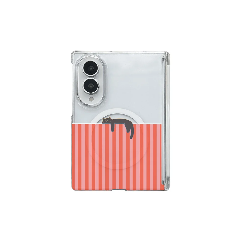 Cute Lazy Black Cat Magnetic Phone Case For Samsung Galaxy ZFold 8 Ultra Z Flip 8  Stripe Hard Shell Shockproof Protective Cover