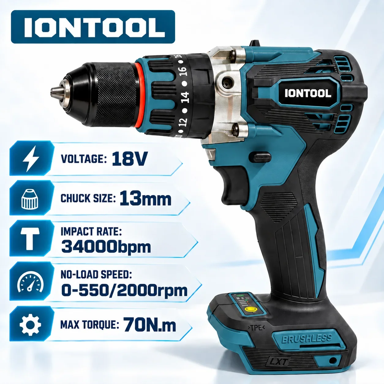 IONTOOL 18V Cordless Impact Drill Brushless Motor 70Nm Torque 13mm Keyless Chuck 2 Speed Driver for Wood Metal Masonry DIY