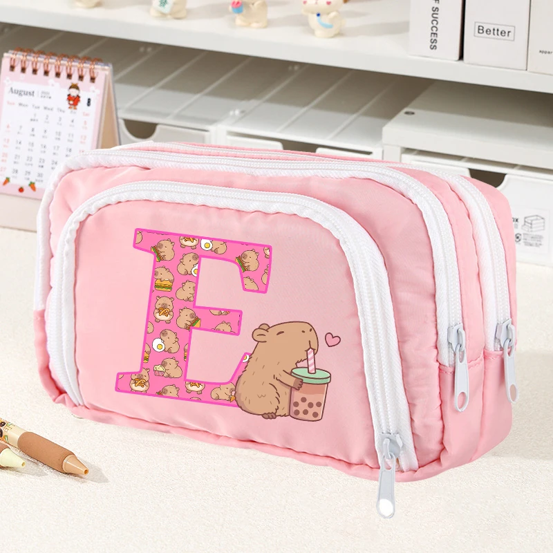 Capibara Letter A-Z Pencil Case Girls New Cute Capybara Pen Bags Kids School Stationery Pouch Women Organize Travel Cosmetic Bag