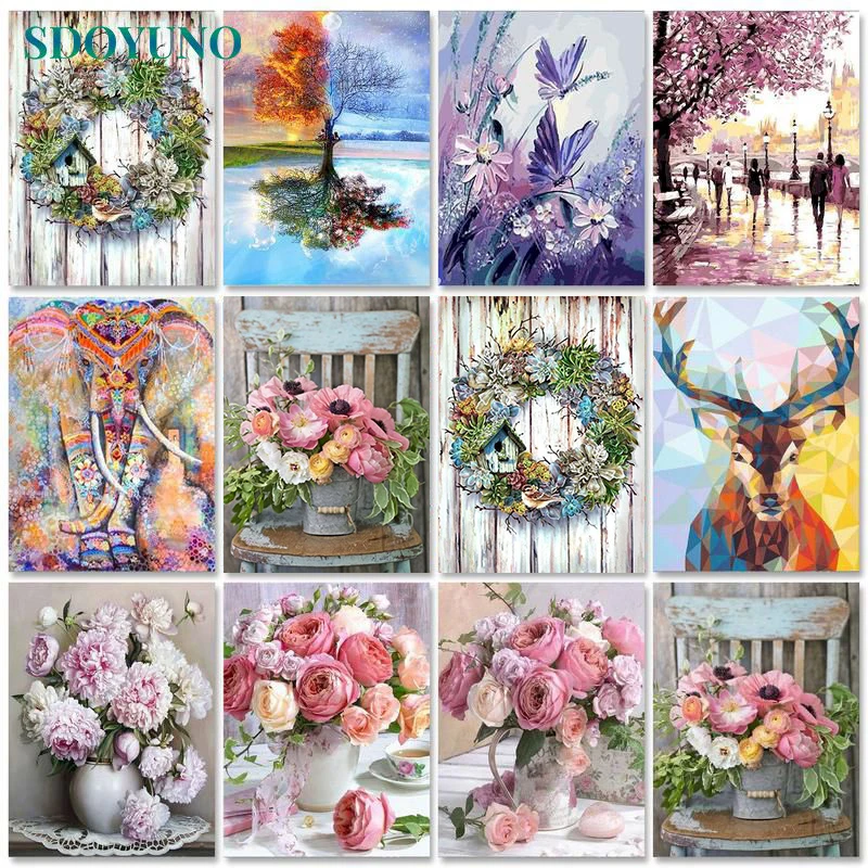 

SDOYUNO 60x75cm Painting by numbers With frame DIY Pictures by numbers Flowers painting numbers For adults Canvas painting