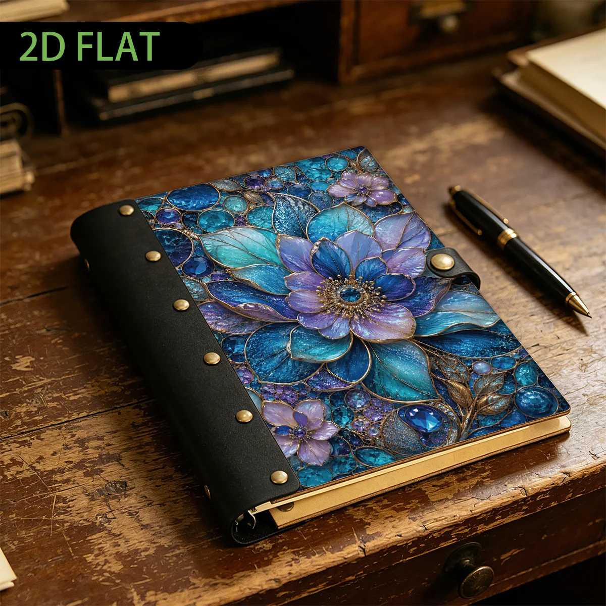 1PC 2D Flat Blue Crystal Flower Hardcover Notebook, 100 Pages, Leather Rivet Craftsmanship, Wooden Hard Cover Design, Loose Leaf