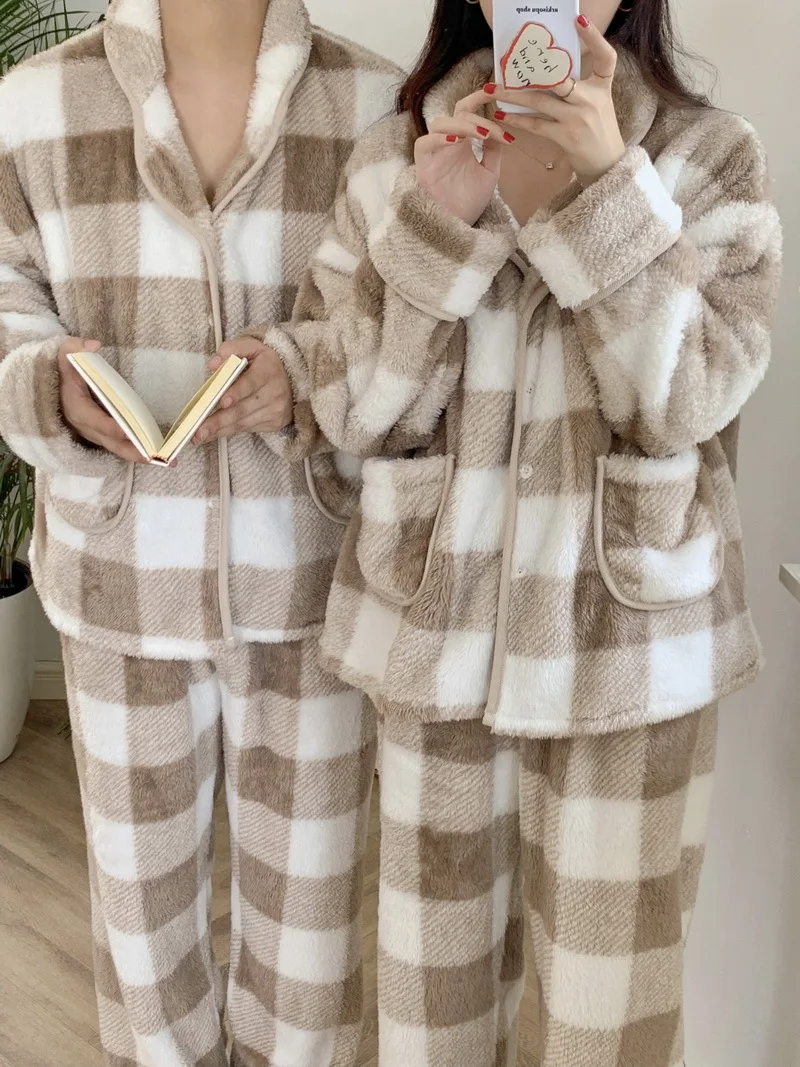 Plaid Warm 2Pcs Home Clothes Women Flannel Velvet Nightwear Couple Sleep Set Pajamas Casual V-Neck Pyjamas Sleepwear Outwear