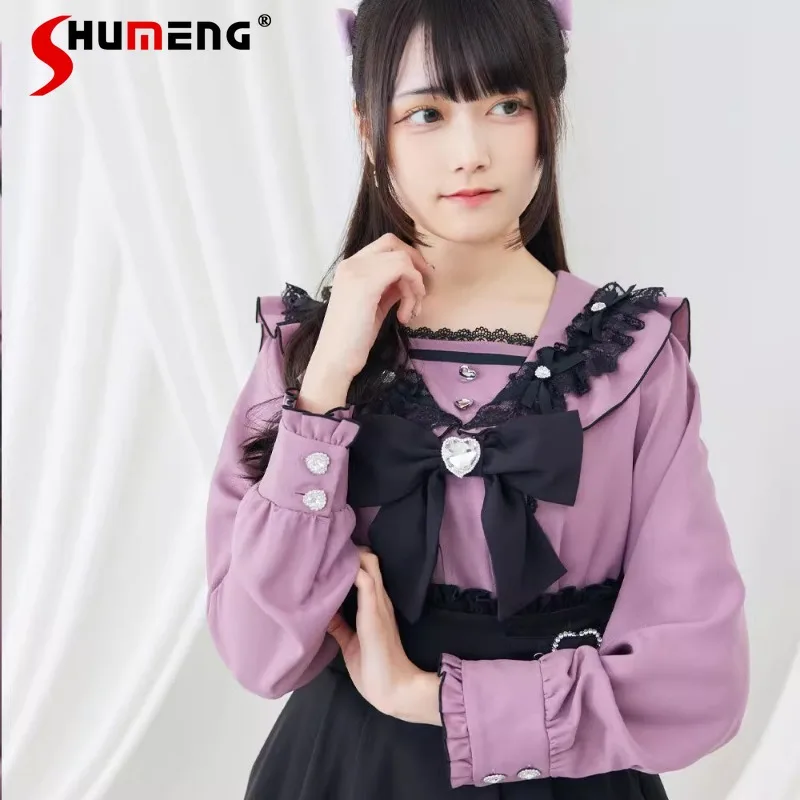 

New Japanese Lolita Style Sweet Long Sleeve Shirt Bow Love Diamond Lace Edge Cute Blouse College Style Slimming White Top Female