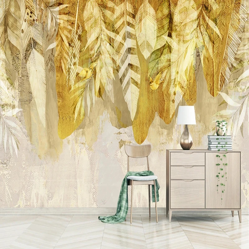 Golden Retro Tropical Leaves Wallpaper Modern Background Wall Sticker Waterproof Removable Bedroom TV Home Decor Papel De Parede