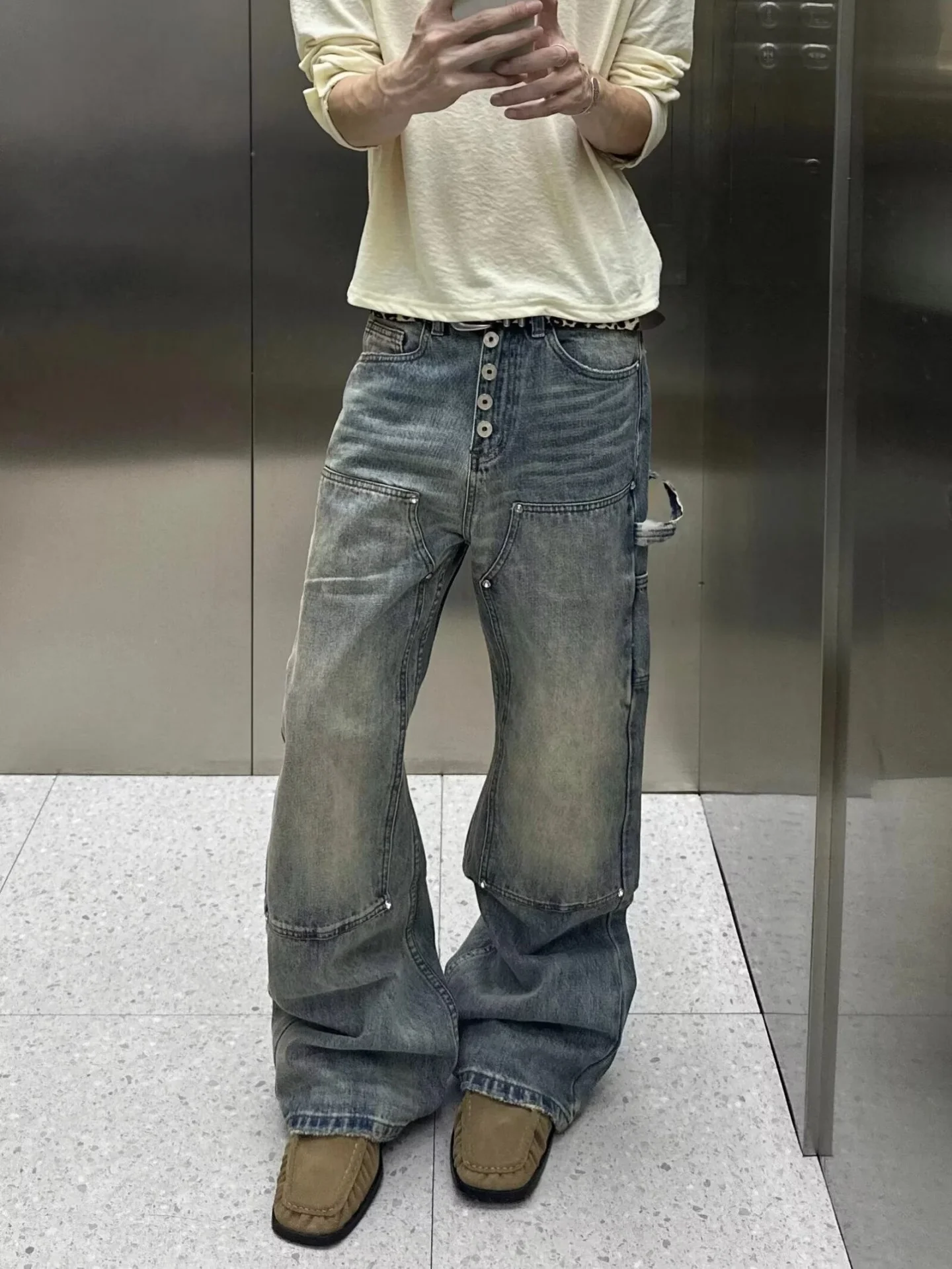 American Style Street Double Knee Workwear Jeans Men Spring Autumn Washed Straight Loose Long Pants Multi Button Casual Jeans
