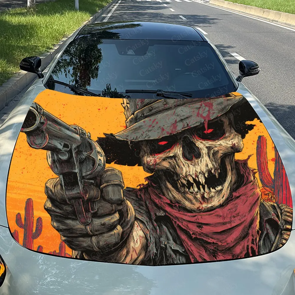 Skeleton Cowboy With A Gun Car Hood Sticker, Premium Vinyl Sticker For Automotive Exterior Customization, Durable PVC Vinyl Wrap