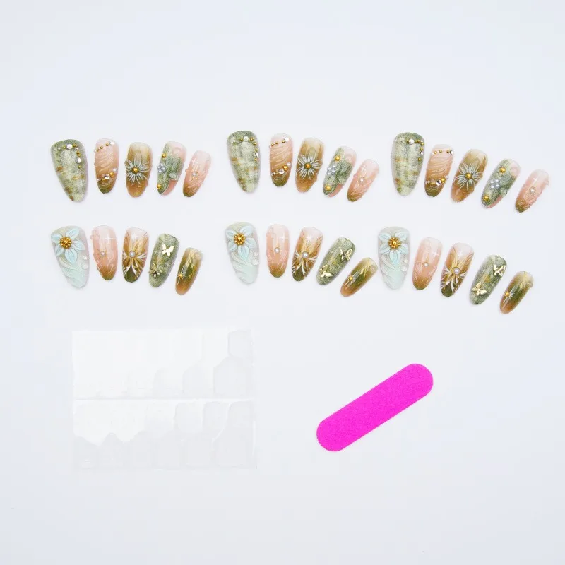 24PCS Golden Butterfly False Nails Green 3D Flower Almond with Pearl Press on Nails Full Cover Sweet French Fake Nails for Women