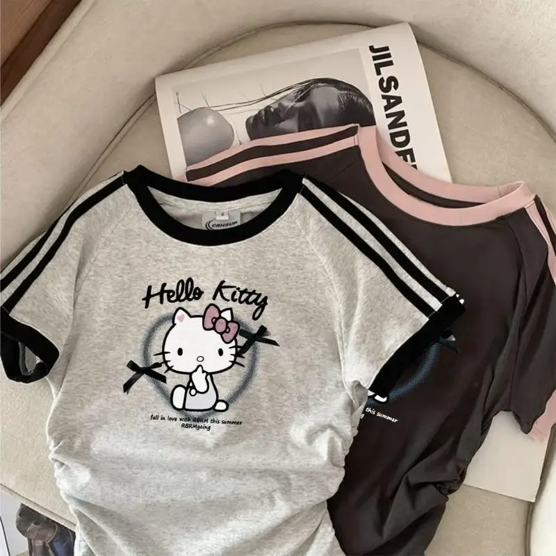 

Топ с коротким рукавом Hello Kitty, хлопковый с мультяшным принтом Sanrio, впитывающий пот, Мягкая Милая короткая одежда с круглым вырезом для девушек, подарок