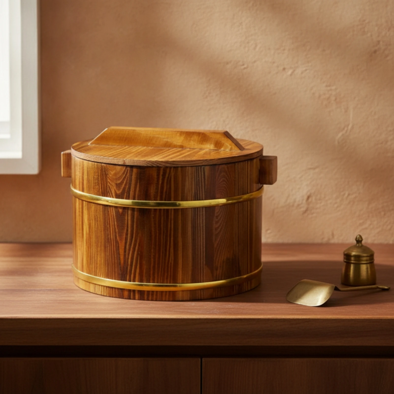 Conteneur à riz en bois avec couvercle, conteneur à riz rustique avec couvercle, robuste et lisse pour restaurants, buffets, cuisine