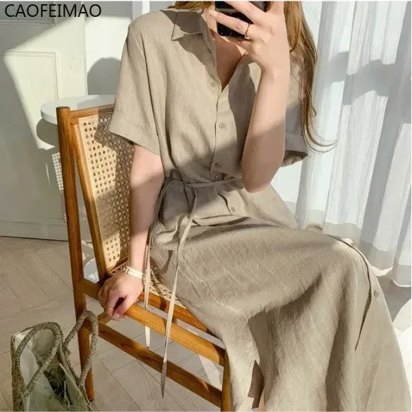2025 Summer Dress New Fashion Korean Version Streetwear Women Simple Loose Lapels Tie Waist Short Sleeve Shirt Dress Long Skirt