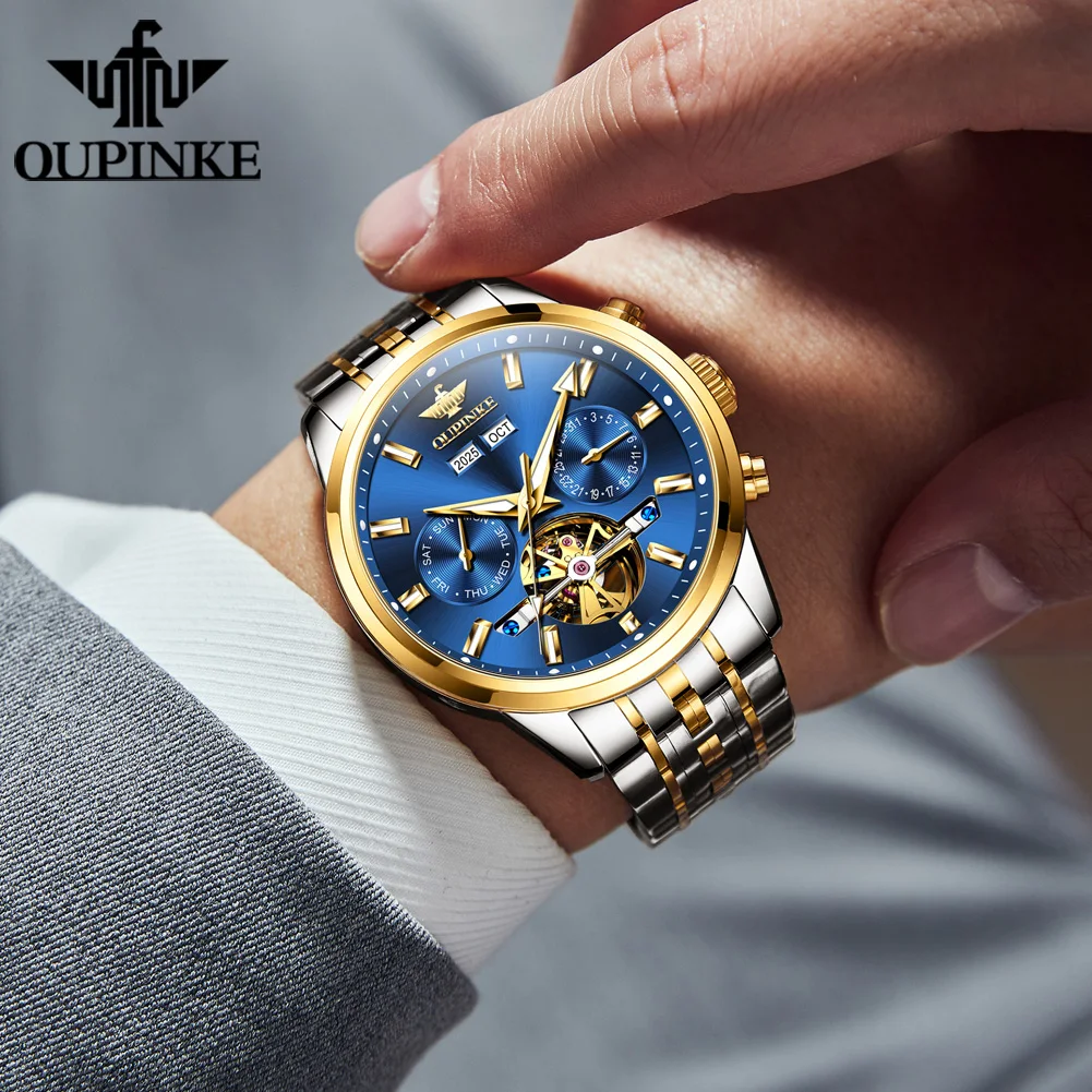 OUPINKE 3296 Luxury Flywheel Automatic Mechanical Men Watch Fashion Business Calendar Hollow Watch Classic Waterproof Men Watch