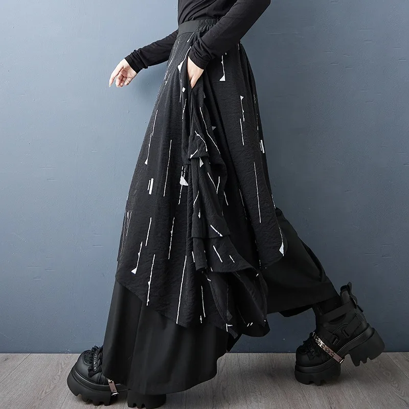 k Sle Faion Pantalones asimétricos de pierna ancha Falda de cintura alta Nine puntos Poliéster Mezcla de algodón Estampado sin piel Casual Pan...