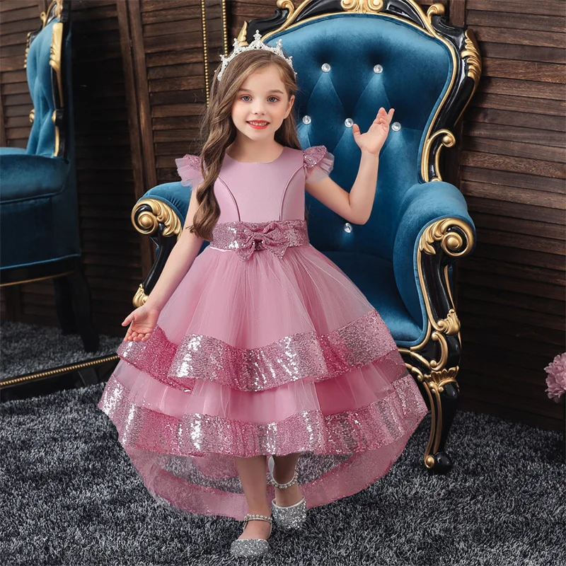 

Sequins Bow Princess Dress Birthday Christmas Gown Elegant Lace Tailing Kids Wedding Party for Girl Clothes 3-12 Years