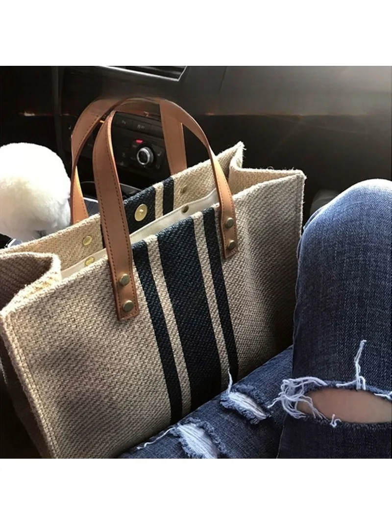 Ladies' briefcase professional commuting striped minimalist single-shoulder large bag INS large-capacity canvas bag