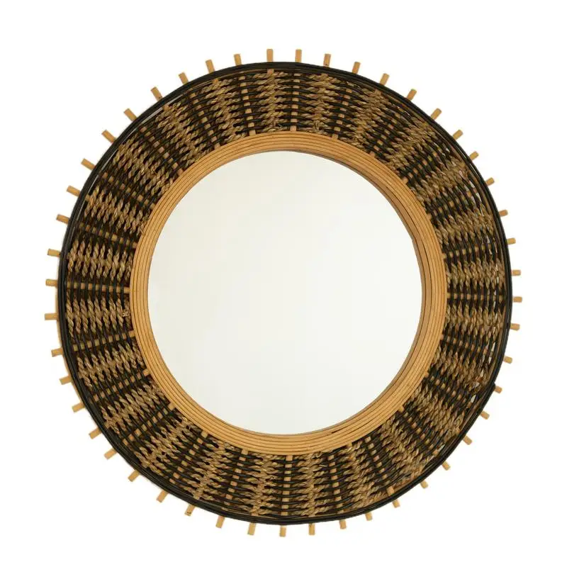 

Bamboo Round Wall Mirror with Light Yellow and Black Hemp Ropes, Perfect for Bathroom, Bedroom, Living Room, Entryway, and More
