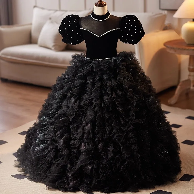 

High-End New Girls Elegant Princess Dress Pearls Backless Design Kids Perform Wedding Birthday Party Evening Gown A4742 Vestidos