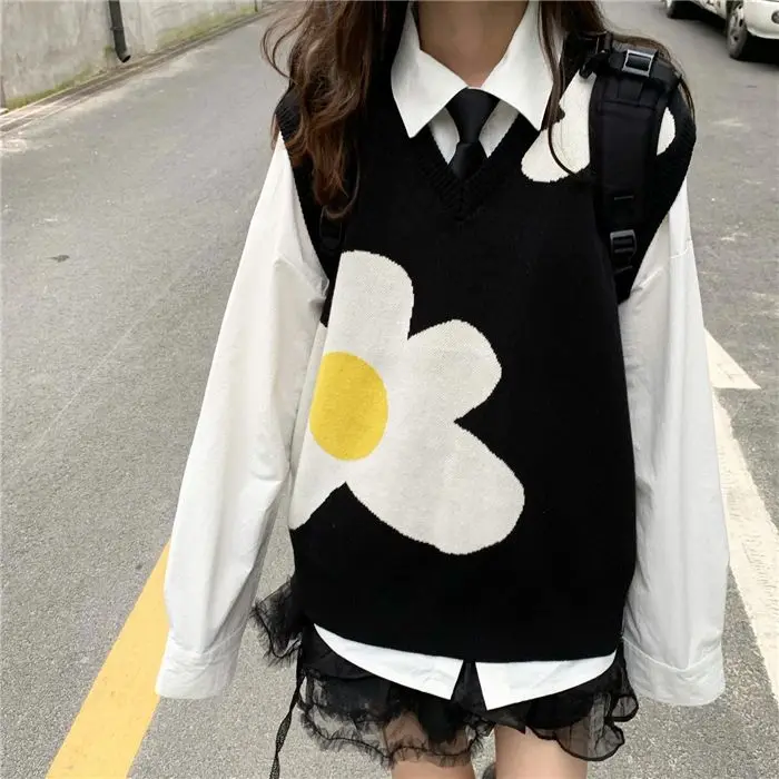 Suéter de flores para hombre y mujer, chaleco de punto sin mangas, top y2k, ropa kawaii harajuku, jersey de gran tamaño