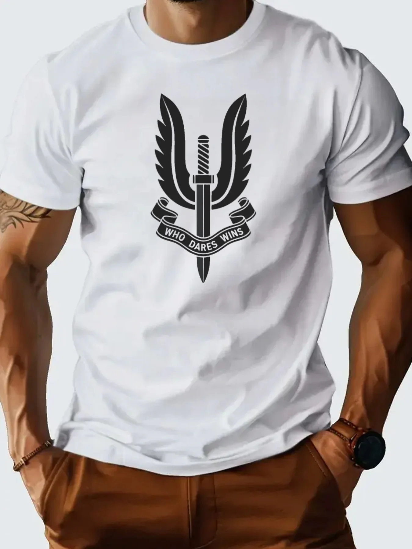 Camiseta informal de inspiración militar 100% algodón para hombre, diseño  de águila y espada \, image size:1350x1800