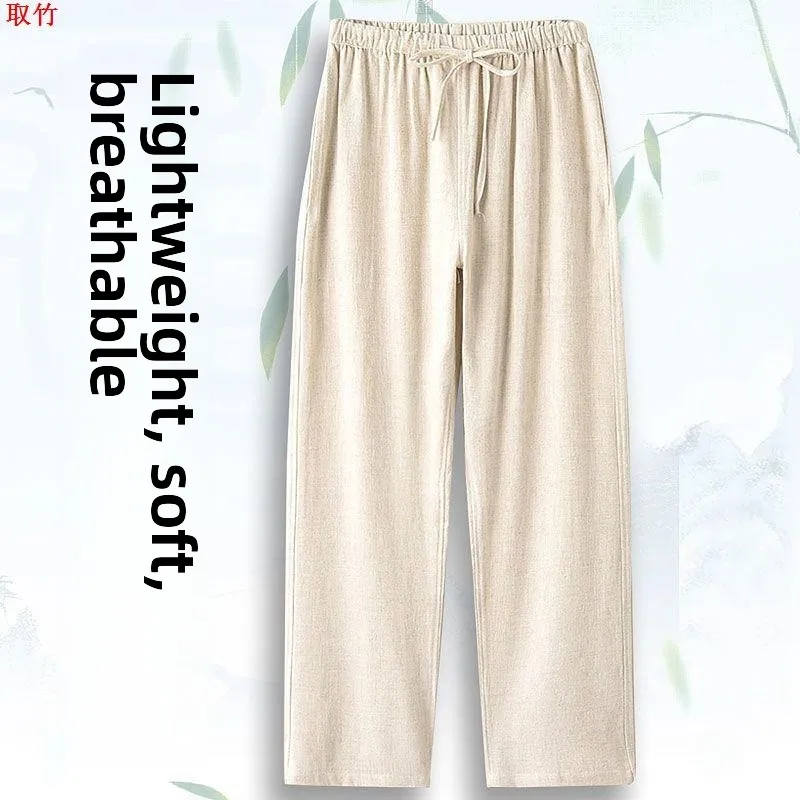 

Летние мужские свободные брюки из мягкого хлопка и льна, тонкие прямые брюки с эластичной резинкой на талии, повседневные брюки в стиле ретро на все сезоны