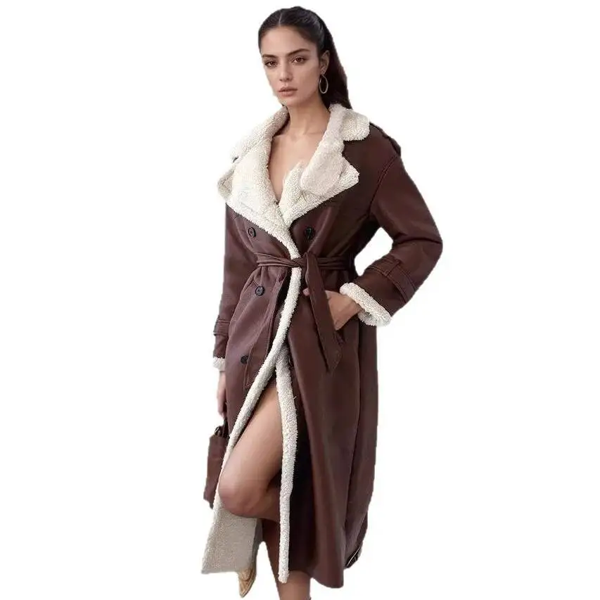 Women's Classic Fur Lined Leather Coat Winter High End Fashion Elegant Commute Style Loose Fit Long Sleeve Polyester Blend