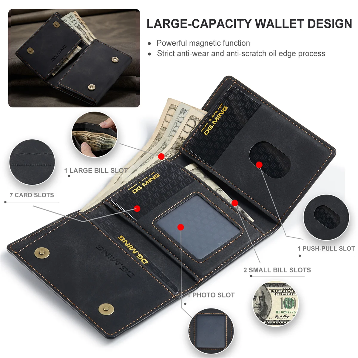 DG.MING M1 Portable Trifold Card Holder Wallet Magnetic Buckle Card Bag Premium Leather Multi Card Slot Pocket Mini Money Wallet