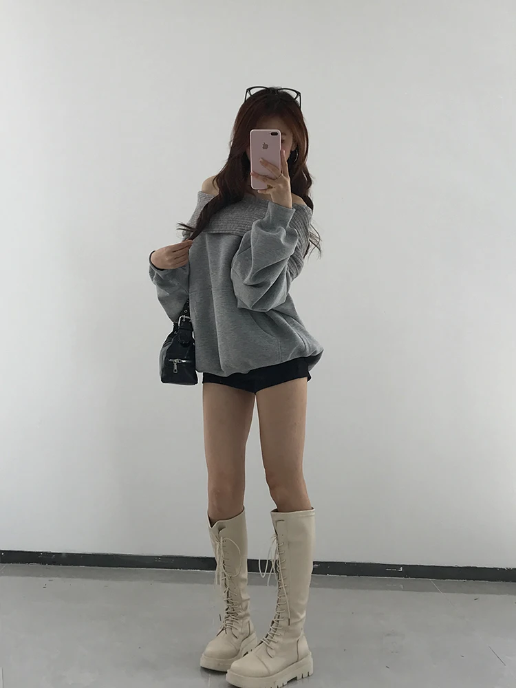 فضفاض oulder قطعة واحدة هوديي المرأة Sle الكورية تصميم الخريف جديد Faion صغير ence واسعة Ne أعلى ألياف البوليستر